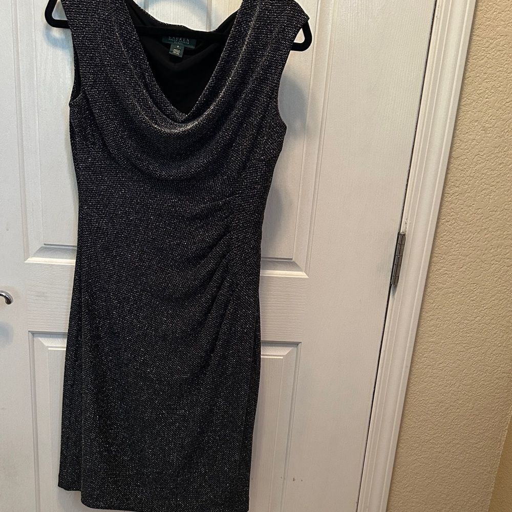Lauren Ralph Lauren Shimmering Stretchy Cowl Neck Black Midi Dress Size 8
